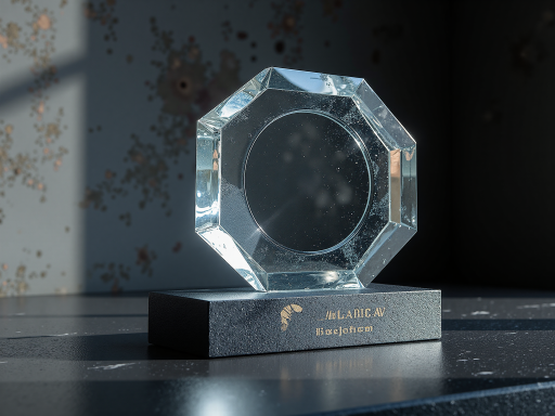 优秀企业奖杯，金色奖杯，刻字清晰，颁奖典礼场景，表彰企业成就