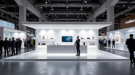 公司参加国际电子展会现场，展台布置精美，参观者众多，工作人员热情接待