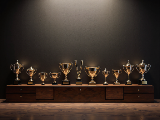 公司获得行业大奖颁奖典礼，领奖台上企业代表，奖杯和证书，庆祝时刻