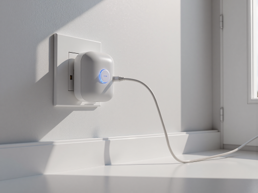 智能插座设备，白色外壳，WiFi连接，手机APP控制，远程开关功能