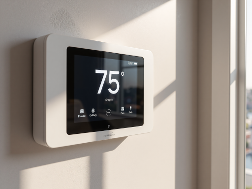 智能家居控制设备，白色外壳，触摸屏界面，现代简约设计，金属质感边框