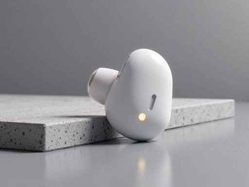 蓝牙耳机，入耳式设计，银色外壳，充电盒，人体工学造型